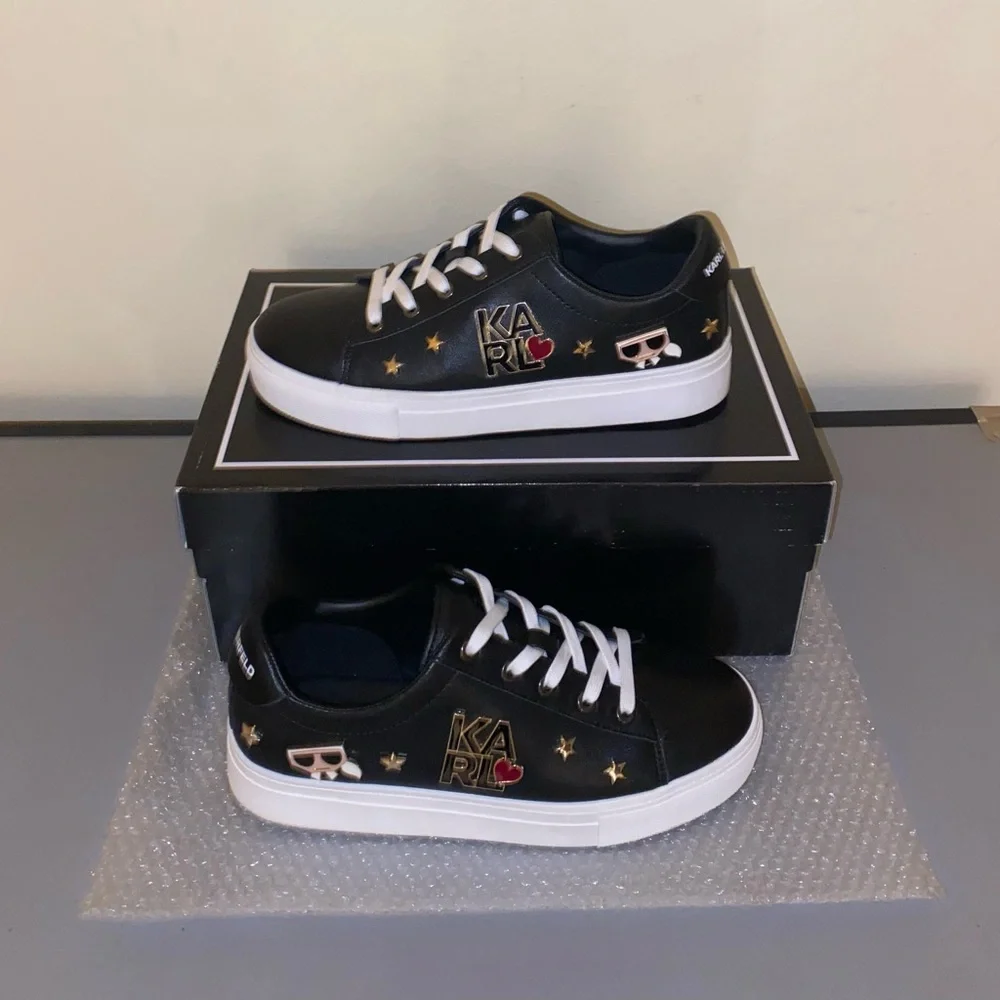 Karl Lagerfeld Black & White Platform Cate Pins Sneakers, Size 7.5 - Picture 3 of 14